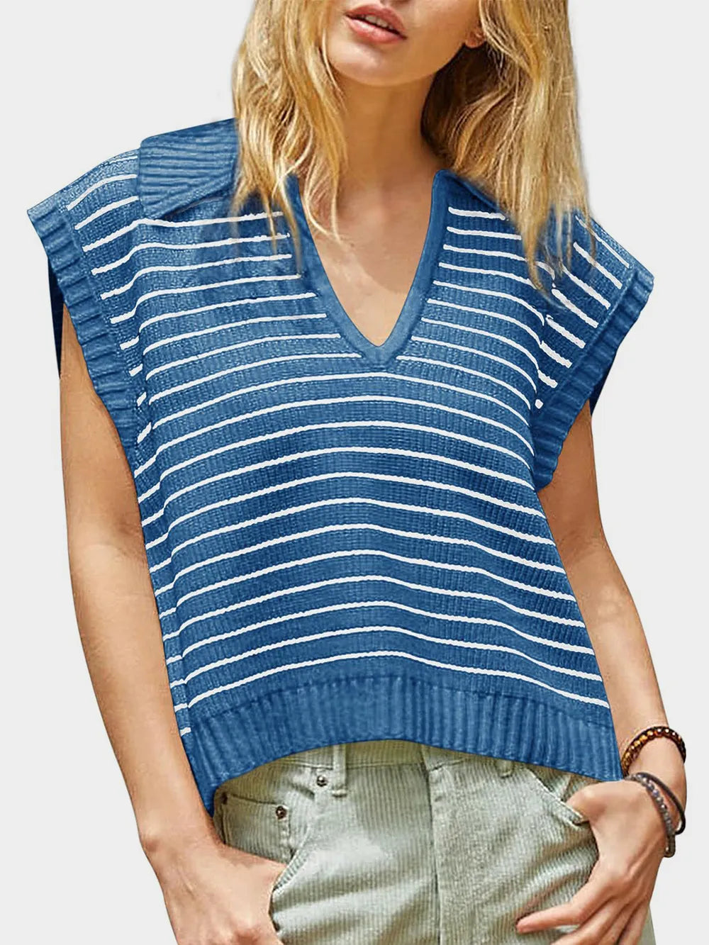 Collared Neck Striped Sweater Vest (14)