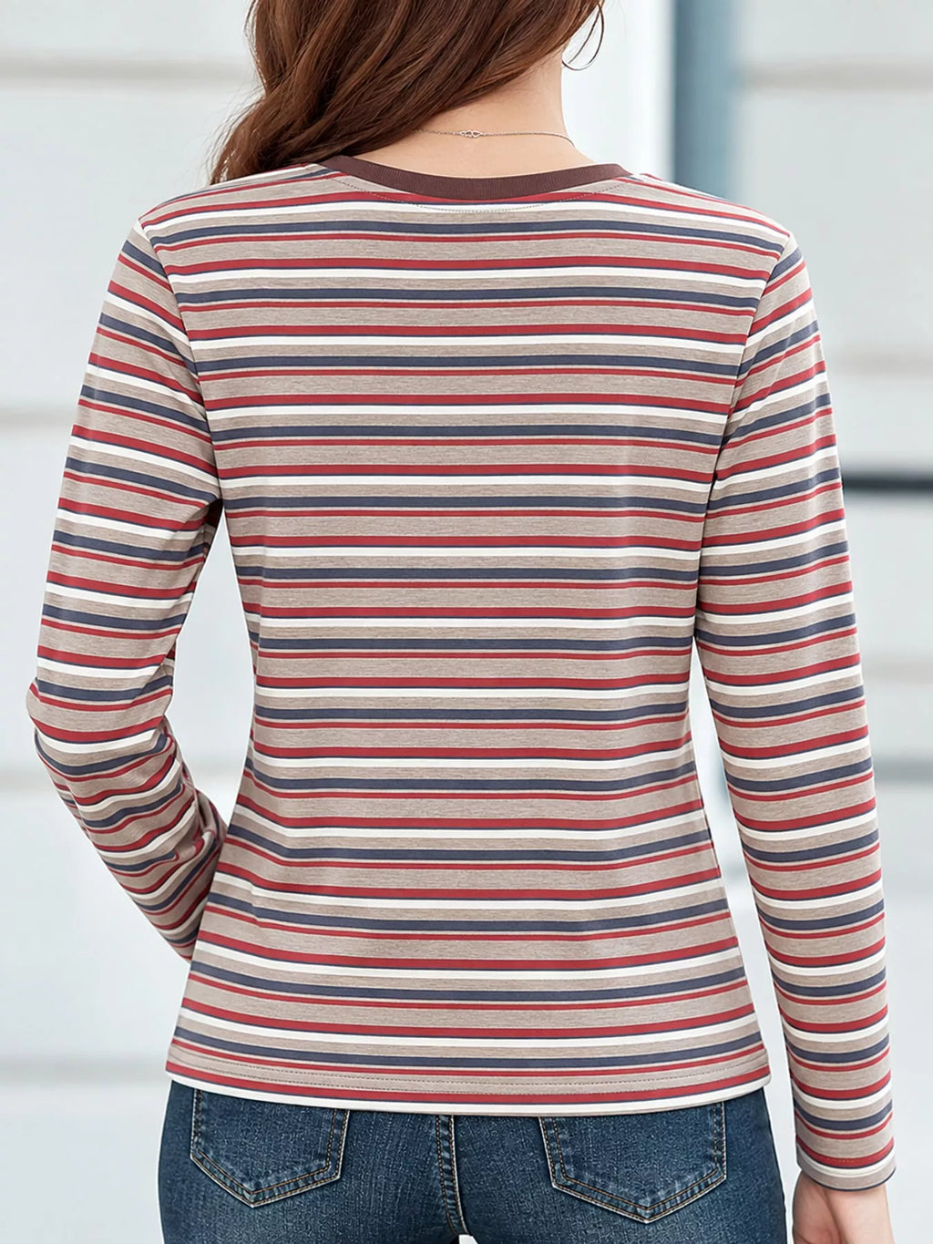 Full Size Long Sleeve Striped Crew Neck Casual T-shirt Plus (5)