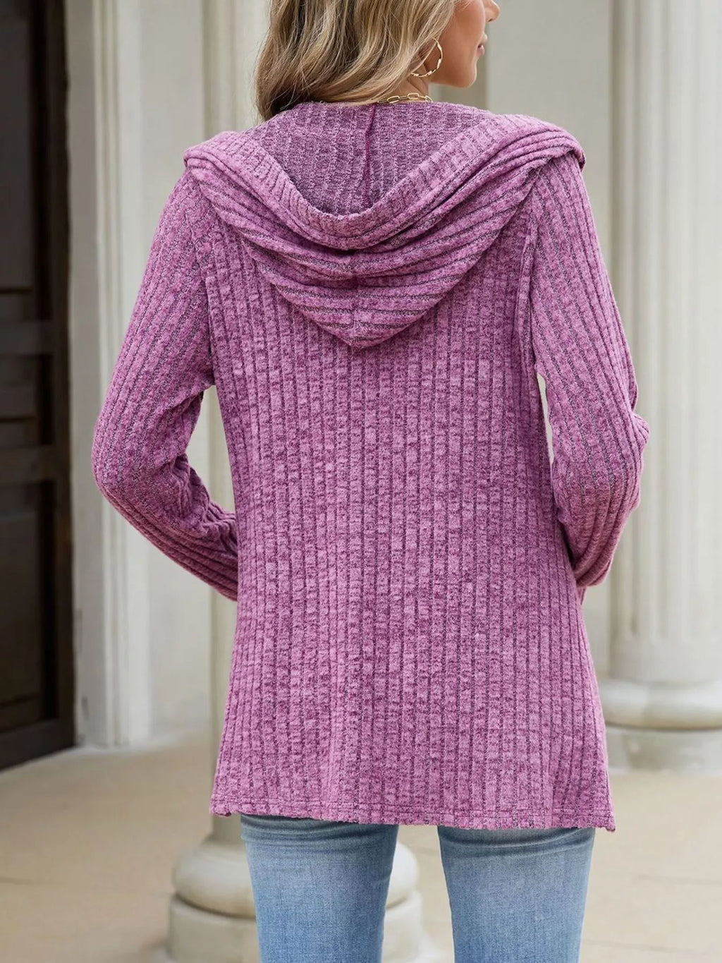 Ribbed Knit Hooded Button-down Cardigan (5)