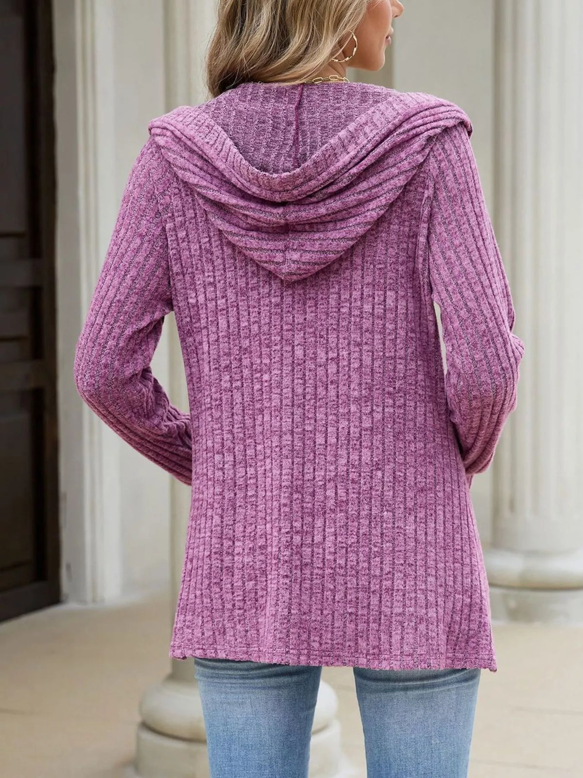 Ribbed Knit Hooded Button-down Cardigan (5)