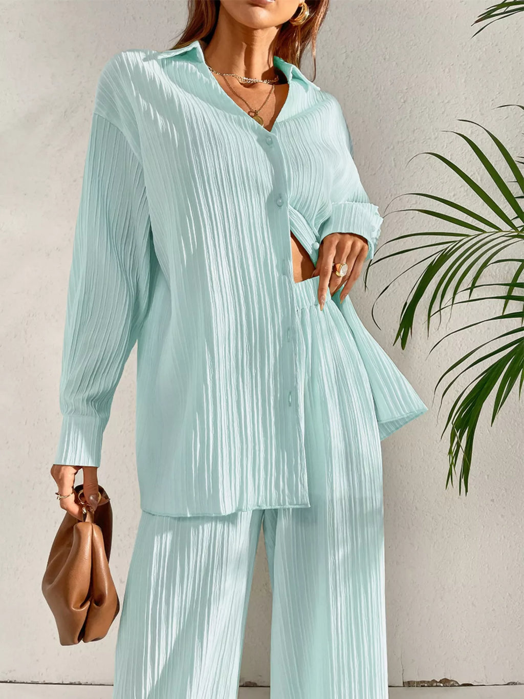 Long Sleeve Shirt Wide Leg Pants Set (18)