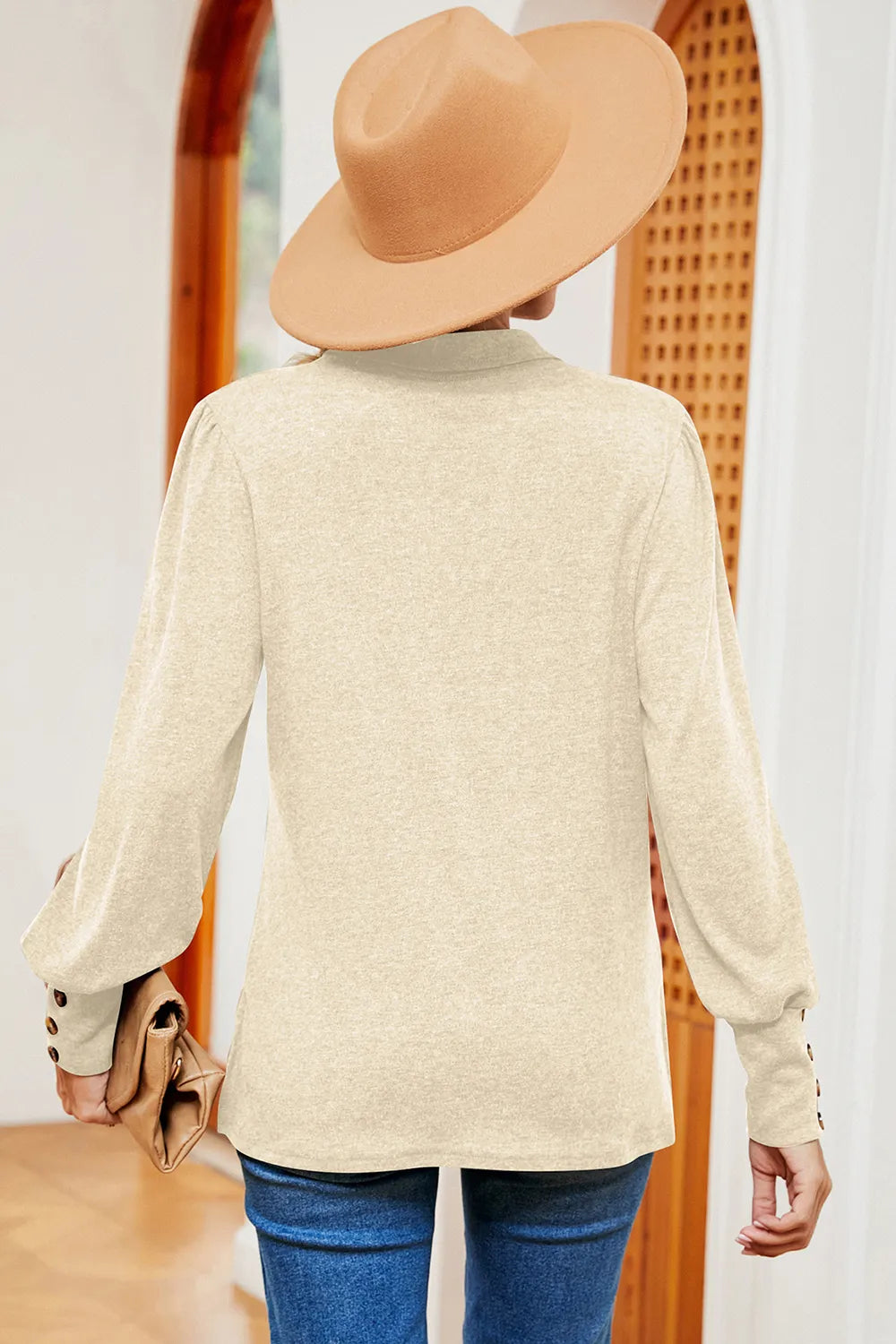 Decorative Button Johnny Collar Lantern Sleeve Blouse (12)