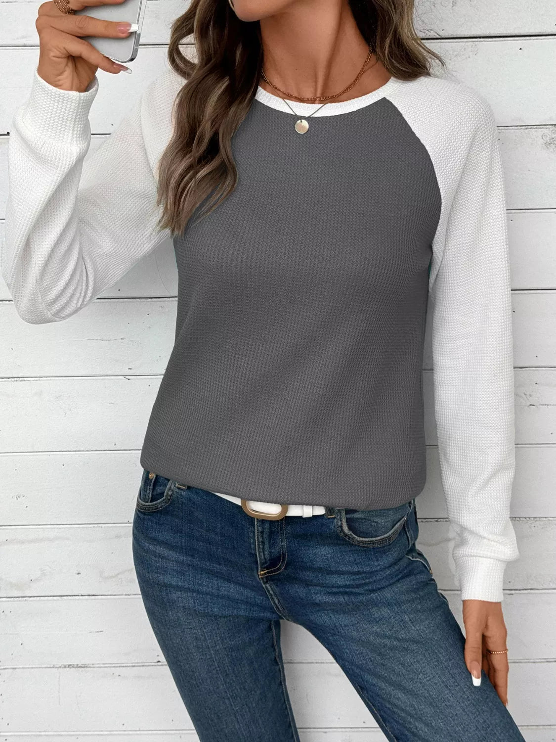 Waffle Knit Raglan Sleeve T-shirt (2)