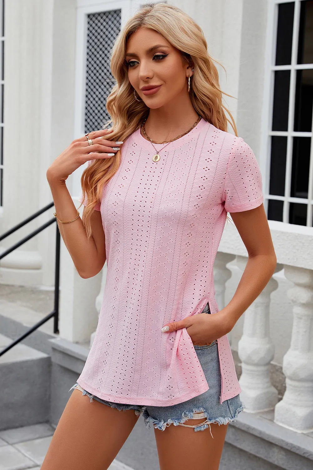 Eyelet Slit Round Neck Short Sleeve T-shirt (14)