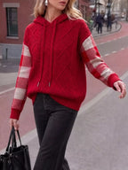 Cable-knit Plaid Sleeves Hooded Sweater (2)