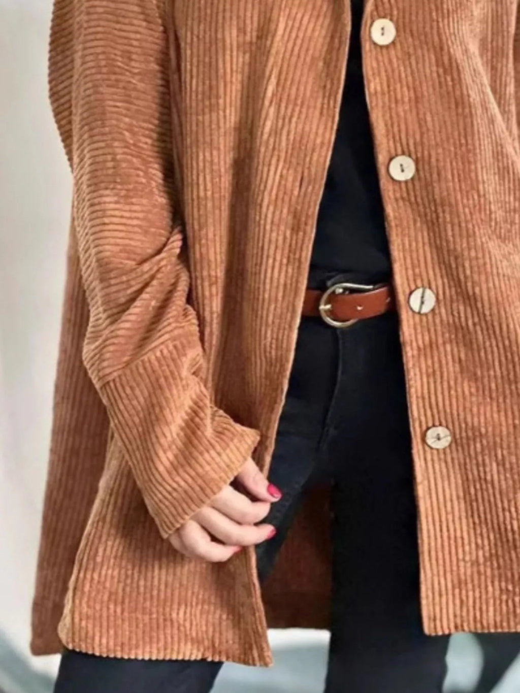 Full Size Corduroy Button Up Hooded Jacket Plus (9)