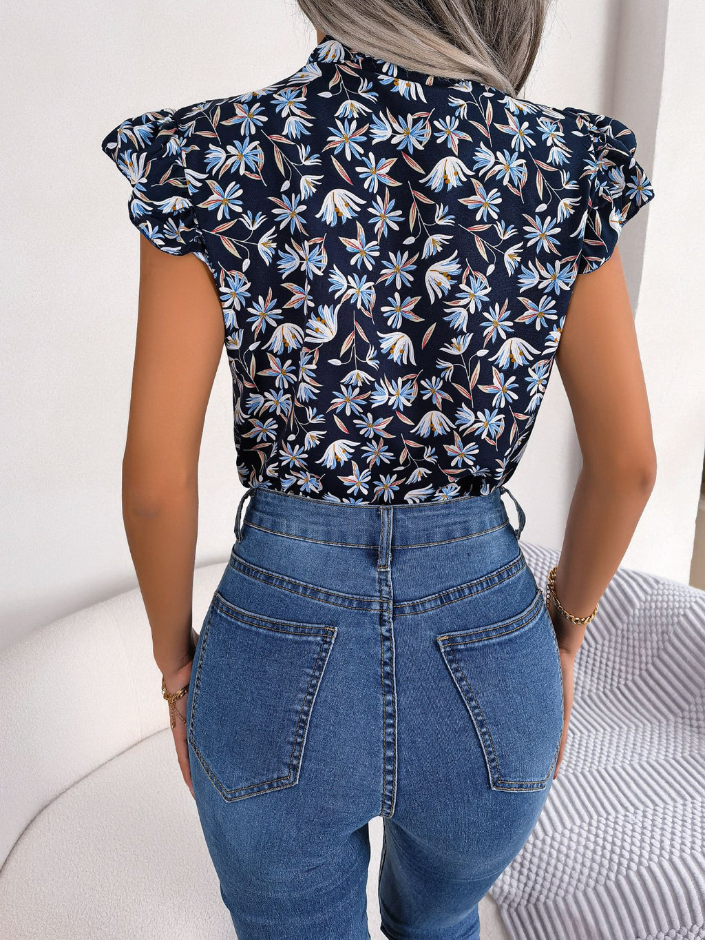 Floral Tie Neck Flutter Sleeve Blouse (6)