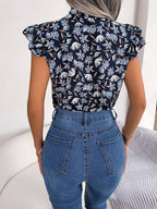 Floral Tie Neck Flutter Sleeve Blouse (6)