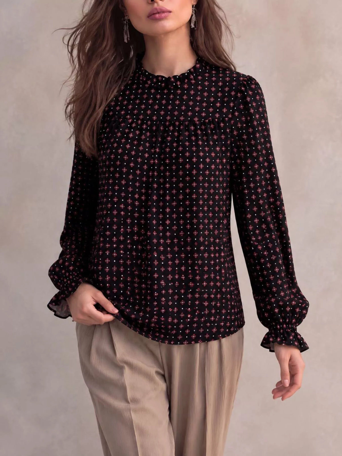 Geometric Print Mock Neck Puff Sleeves Blouse (10)