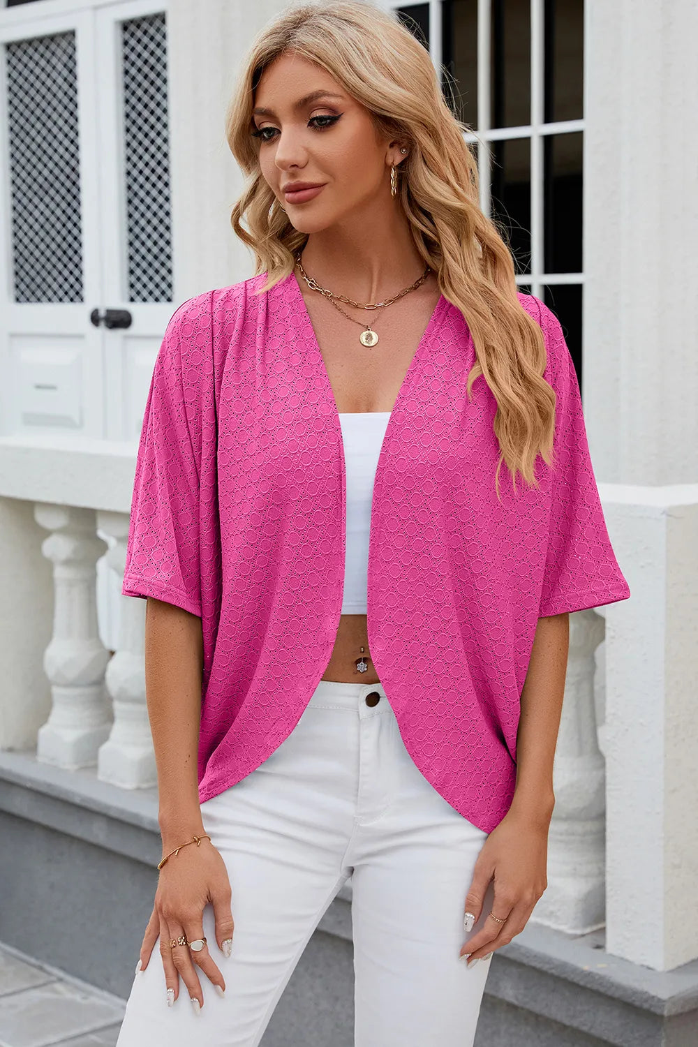 Eyelet Open Front Half Sleeve Cardigan (4)