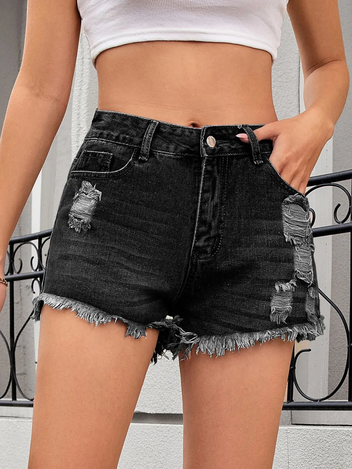 Distressed Raw Hem Denim Shorts (11)