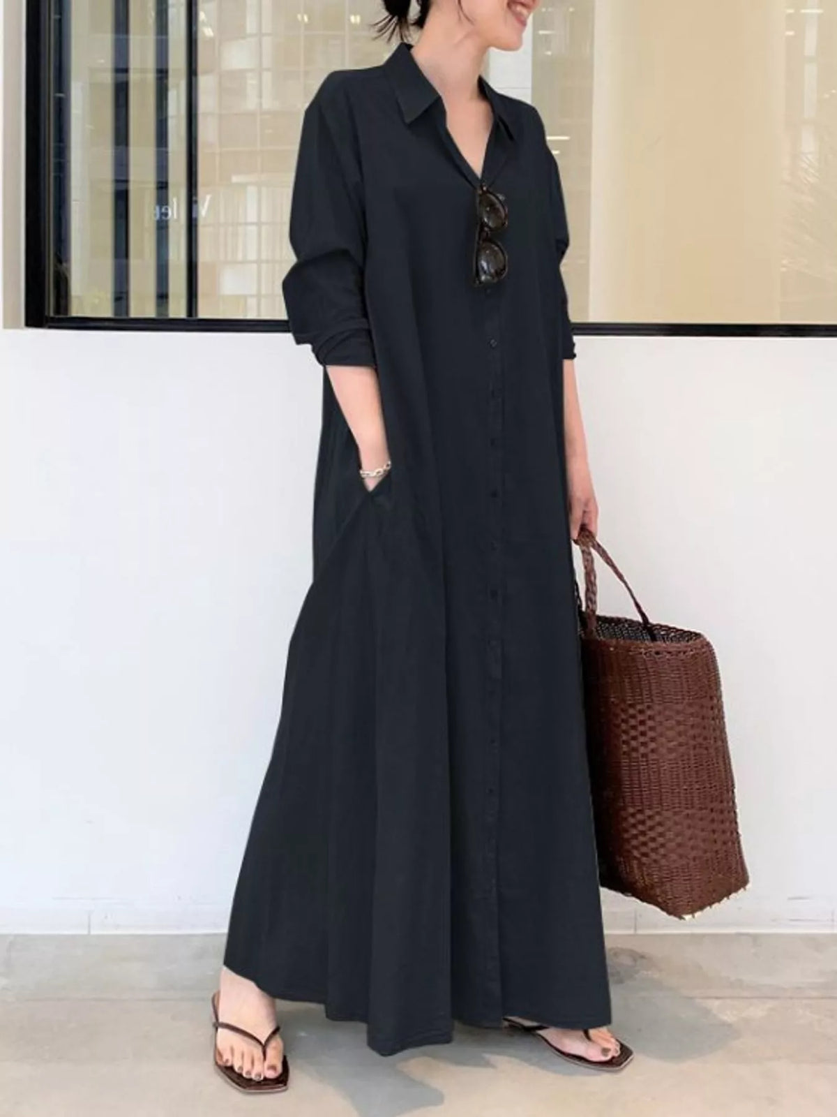 Full Size Button Front Long Sleeve Maxi Shirt Dress Plus (19)