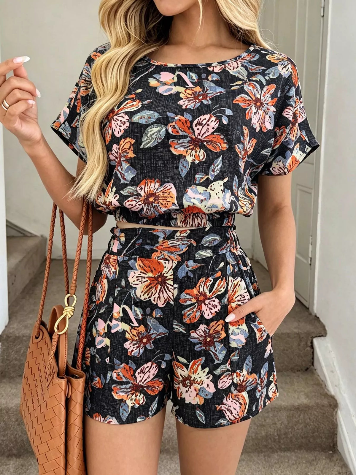 Floral Print Crop Top Shorts Set