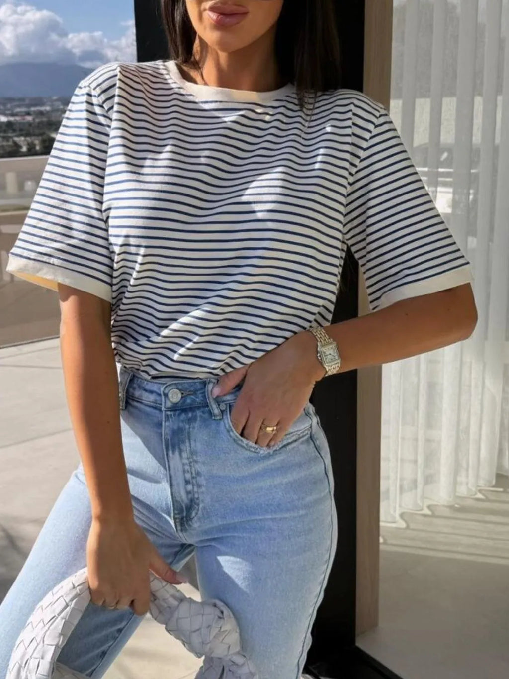 Striped Round Neck Short Sleeve T-shirt (11)