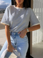 Striped Round Neck Short Sleeve T-shirt (11)