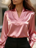 Satin V-neck Long Sleeve Blouse