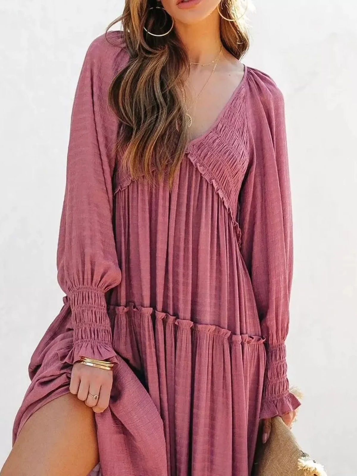 V-neck Long Sleeve Tiered Maxi Dress (9)