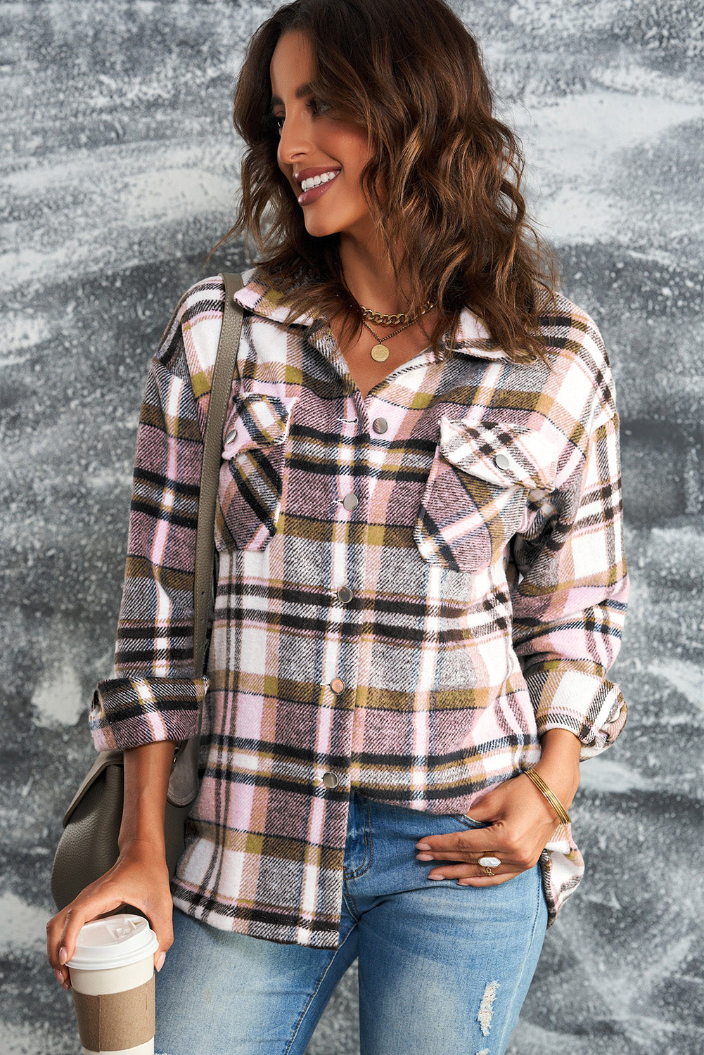 Plaid Button Front Shirt Jacket Breast Pockets (7)