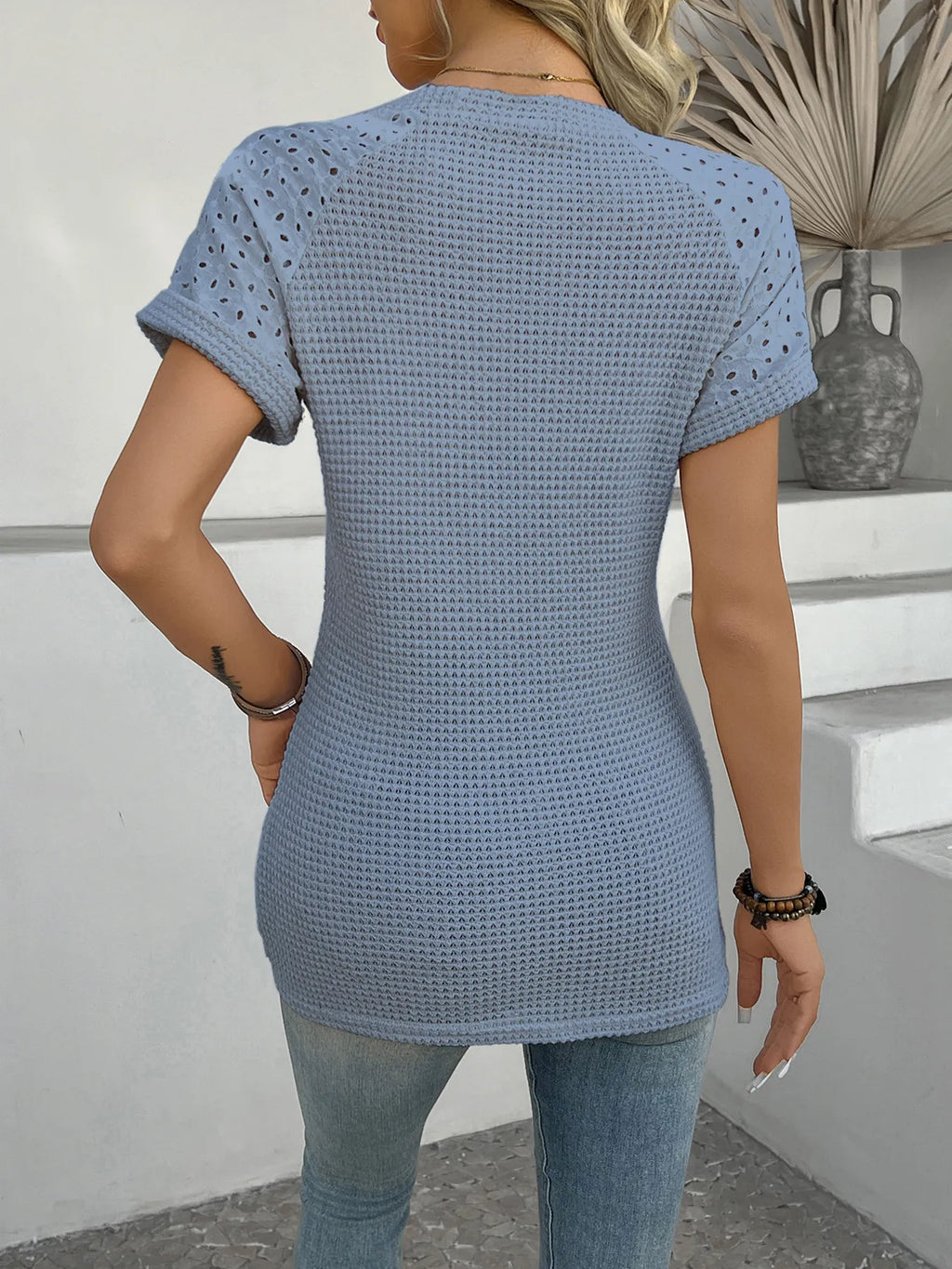 Hollow Out Waffle Knit Short Sleeve T-shirt (12)