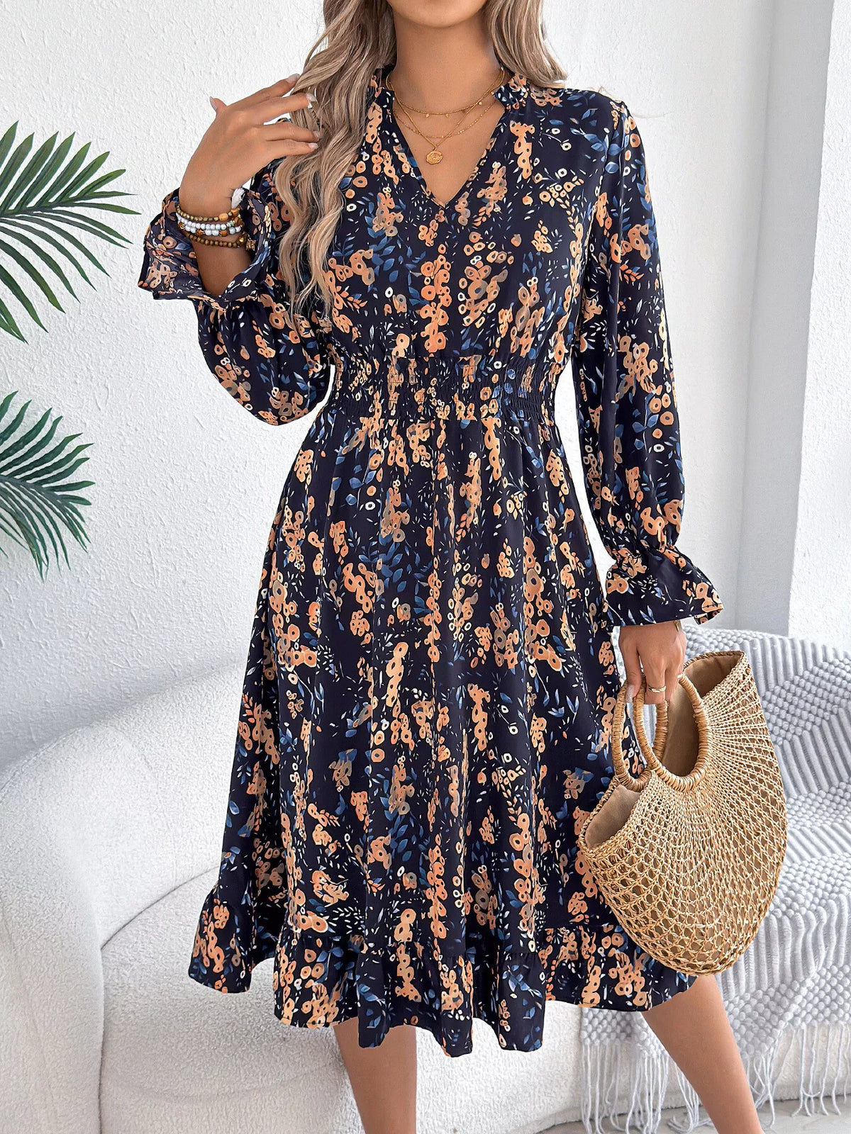 Floral Print Ruffle Hem Flounce Sleeve A-line Dress