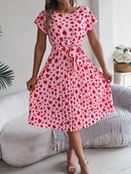 Heart Print Short Sleeve Tie Waist Dress (5)