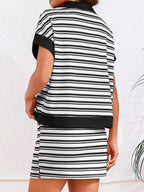 Casual Striped Polo Collar Top Skirt Two-piece Set (3)