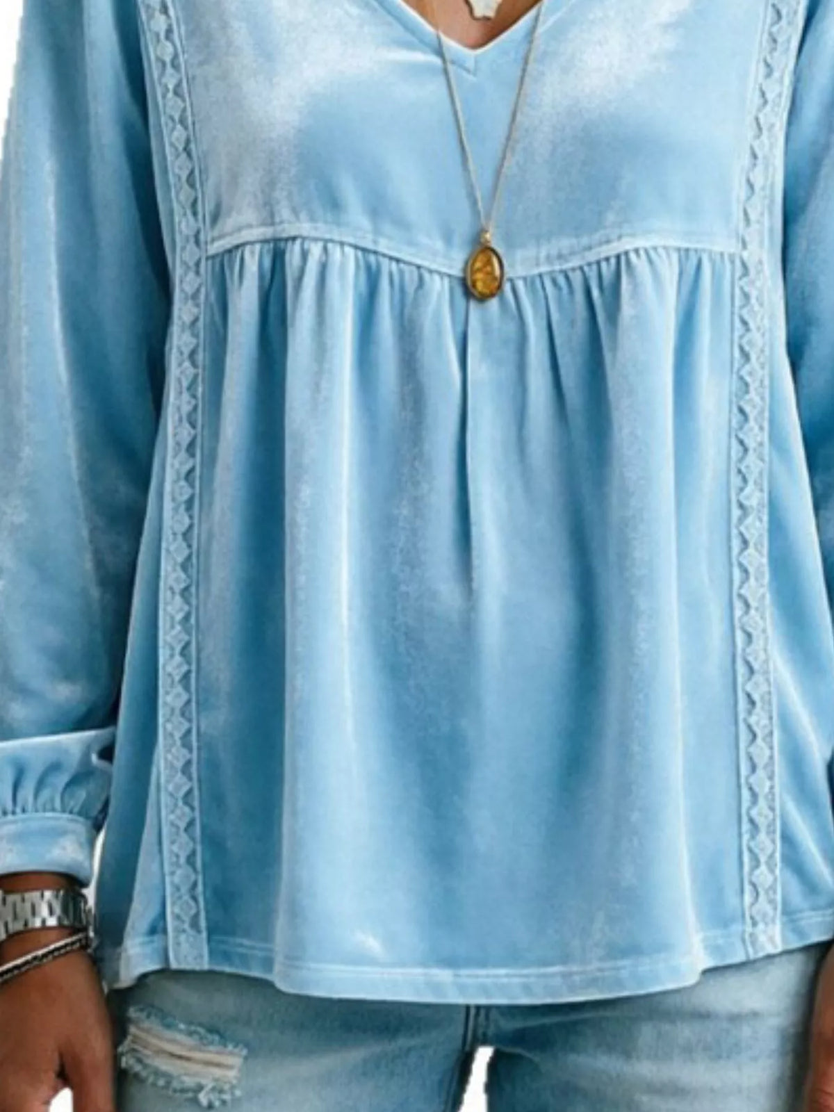 Full Size V-neck Long Sleeve Velvet Blouse Lace Trim Plus (33)