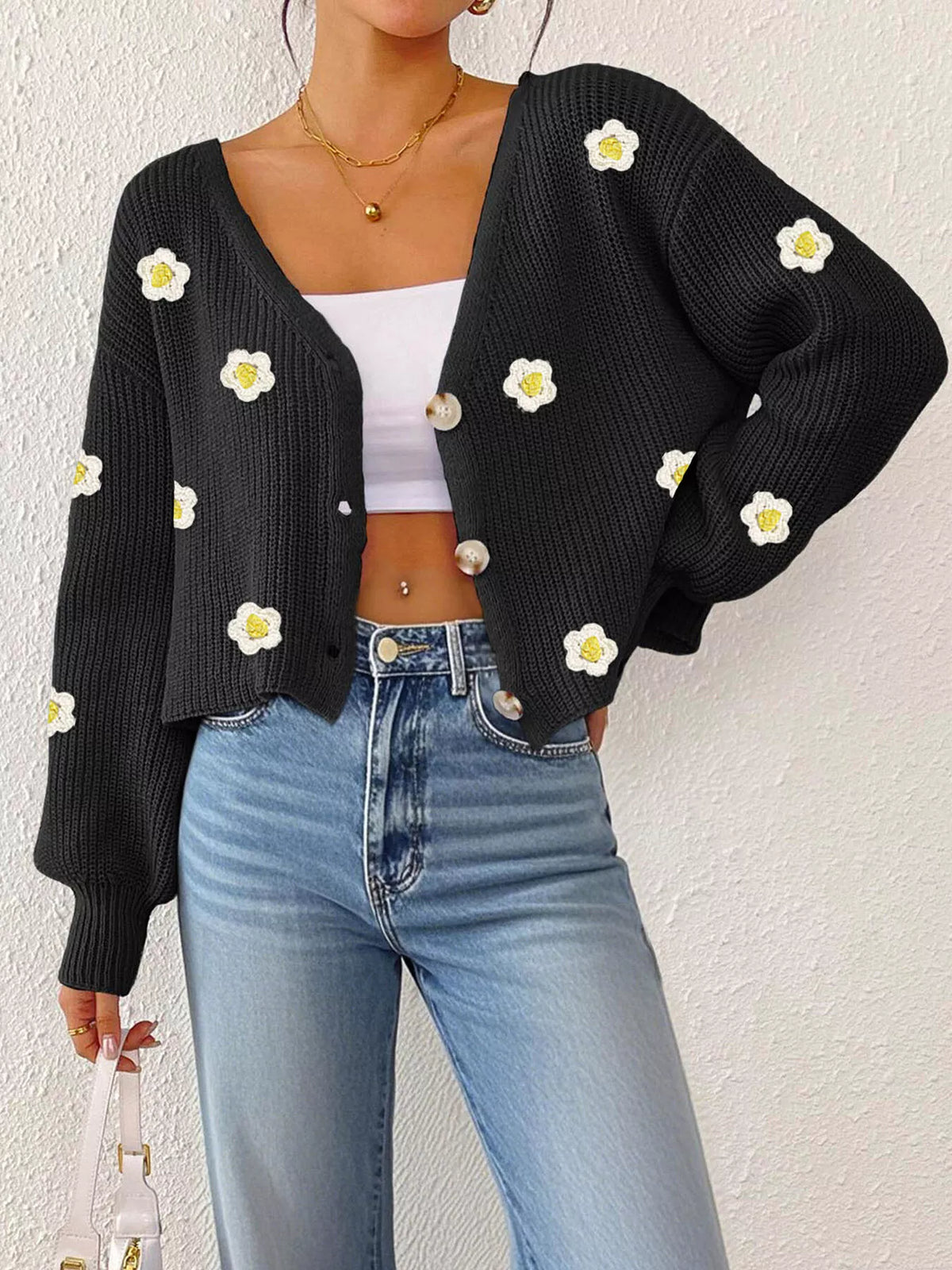 Floral V-neck Button-down Cropped Cardigan