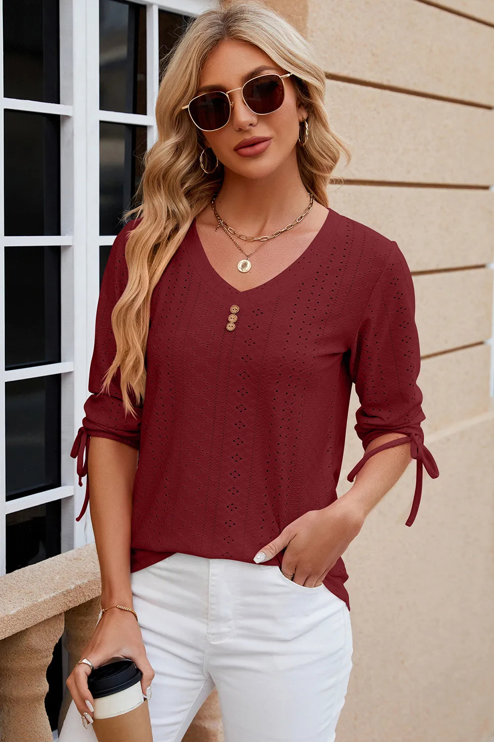Eyelet Drawstring V-neck Half Sleeve T-shirt (27)