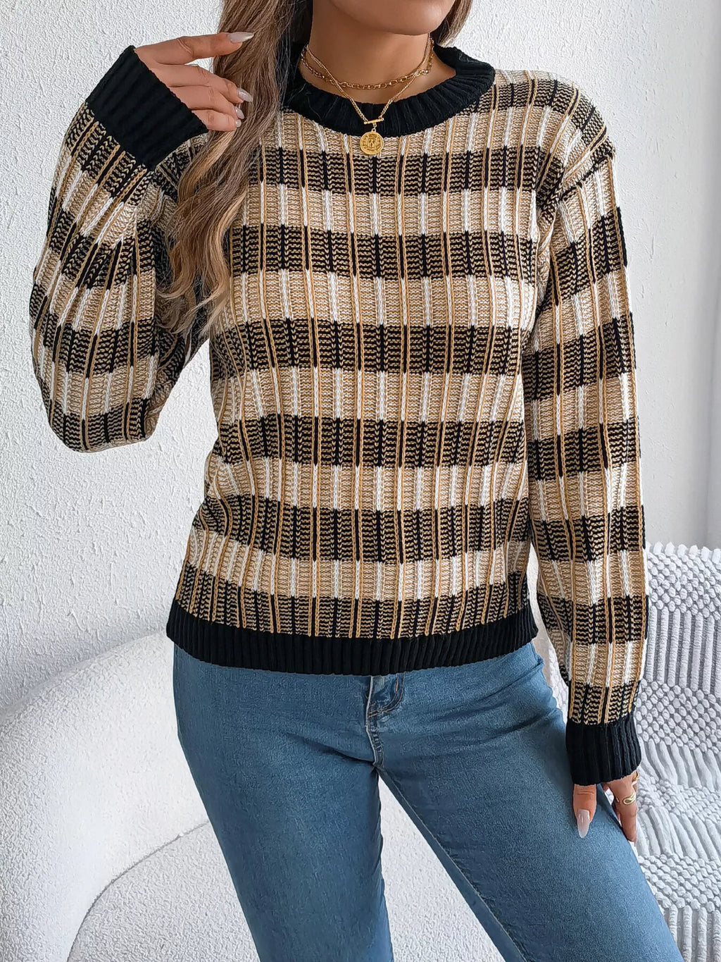 Striped Round Neck Long Sleeve Sweater (12)