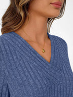 Ribbed Knit V-neck Long Sleeve T-shirt (26)