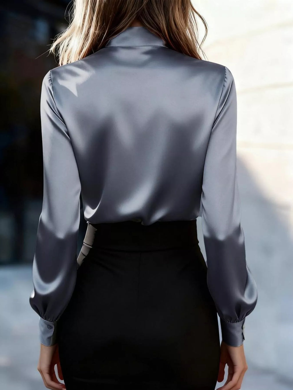 Satin Bow Tie Long Sleeve Blouse (2)