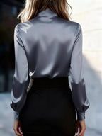 Satin Bow Tie Long Sleeve Blouse (2)