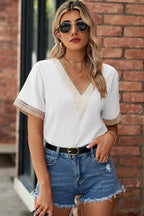 Openwork V-neck Short Sleeve T-shirt (5)