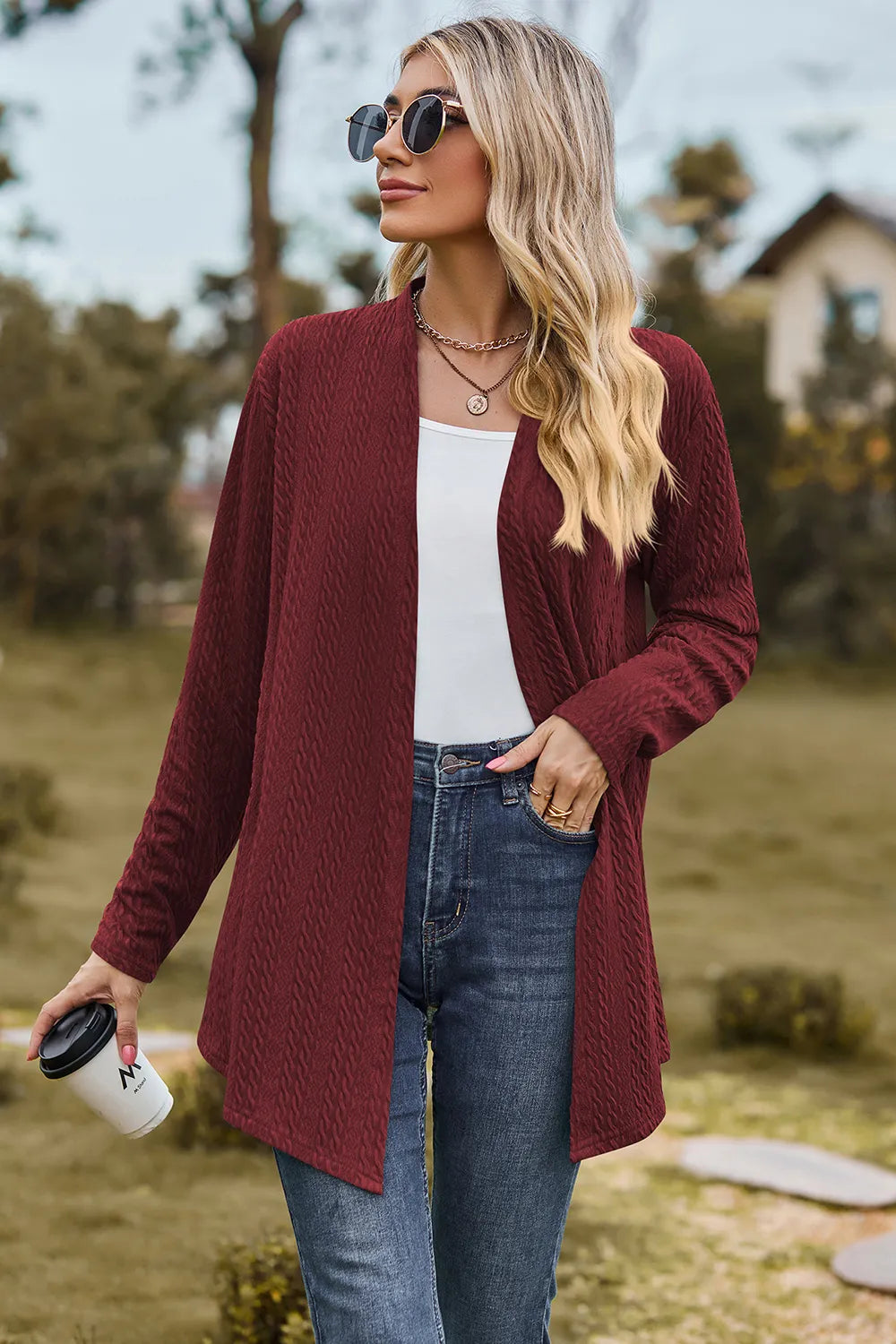 Textured Open Front Long Sleeve Cardigan (2)