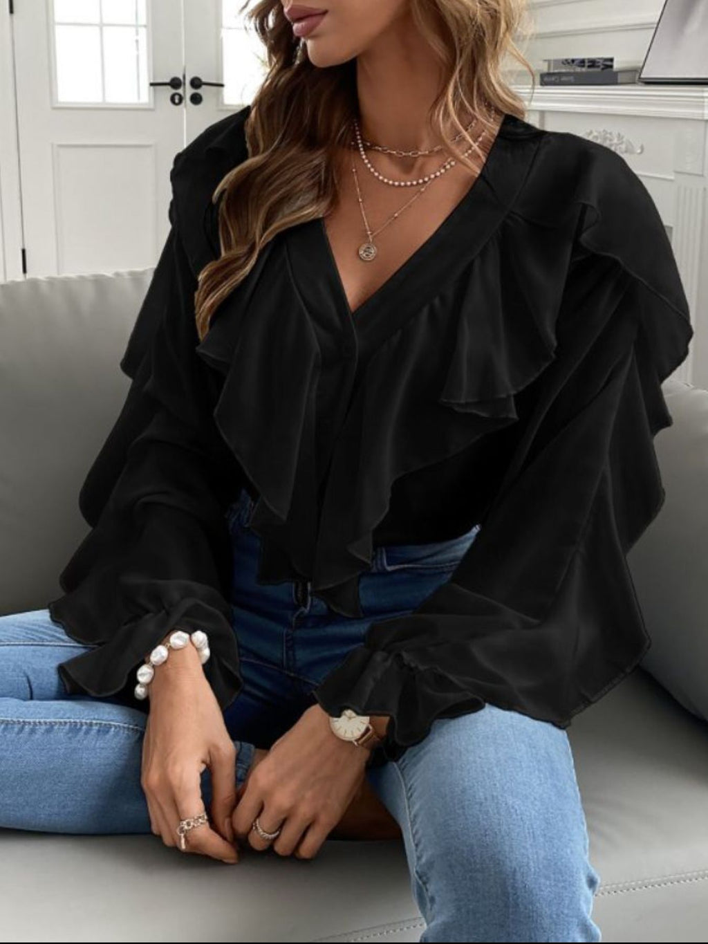 Full Size Ruffle Trim V-neck Shirt Plus (6)