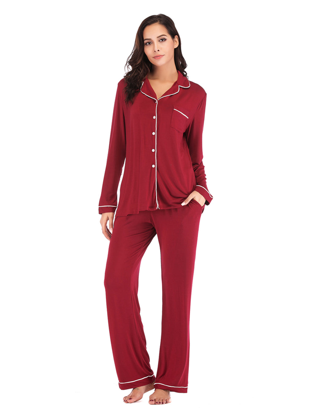 Collared Neck Long Sleeve Loungewear Set Pockets (17)