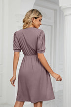 Contrast V-neck Puff Sleeve Pocket Dress (21)