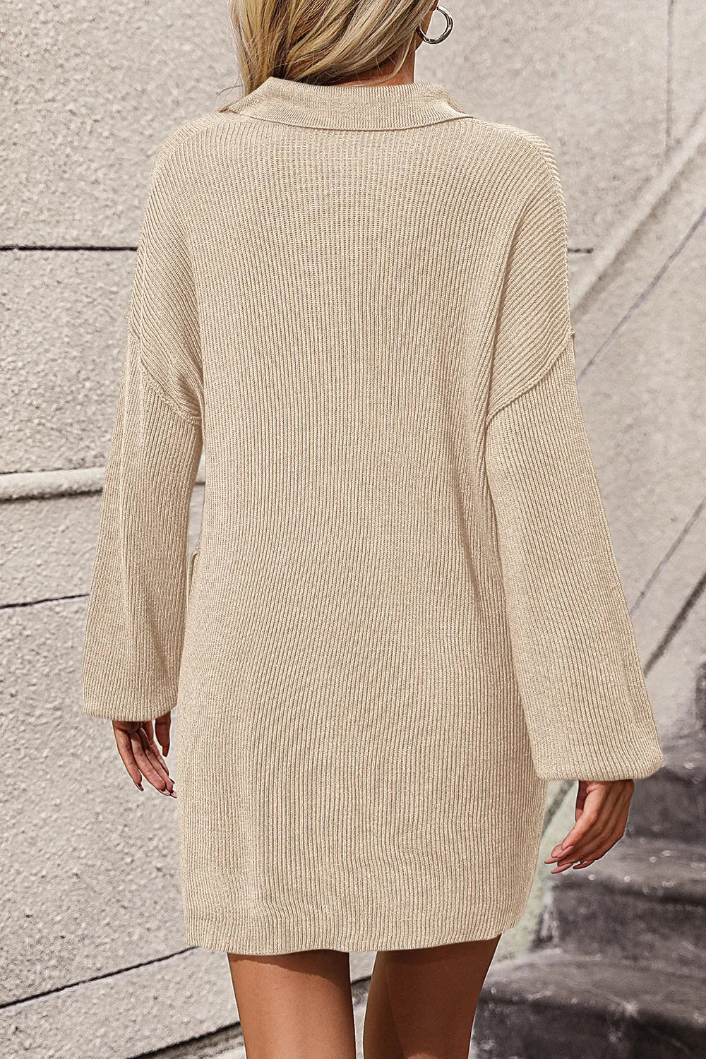 Collared Neck Long Sleeve Sweater Dress Pockets (10)