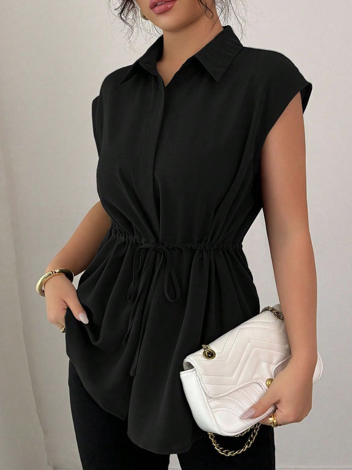 Drawstring Waist Cap Sleeve Shirt (12)