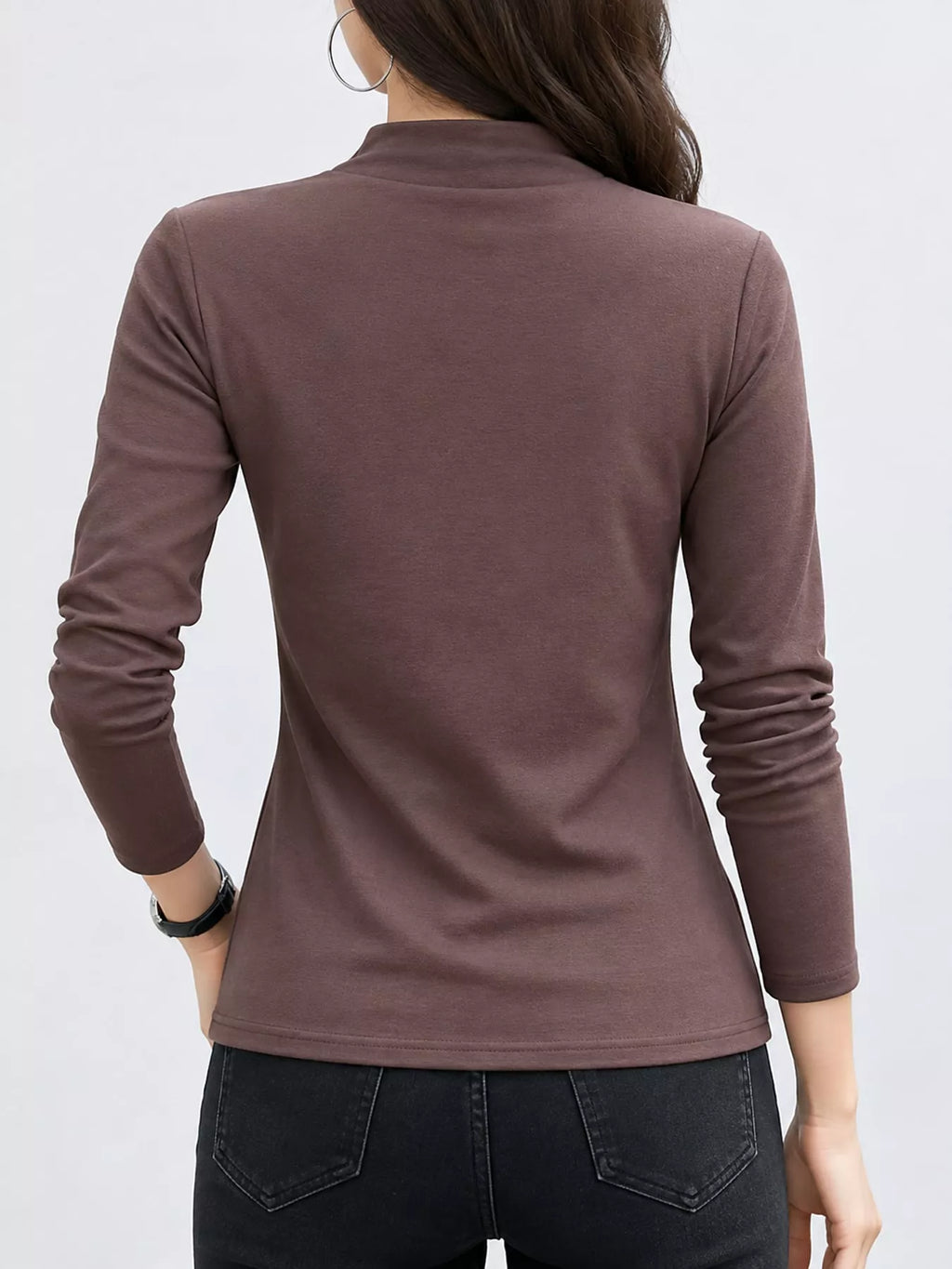 Full Size Slim-fit Mock Neck Long Sleeve Basic T-shirt Plus (27)