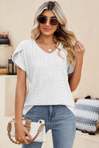 Eyelet V-neck Petal Sleeve T-shirt (6)