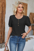 Eyelet Round Neck Short Sleeve Blouse