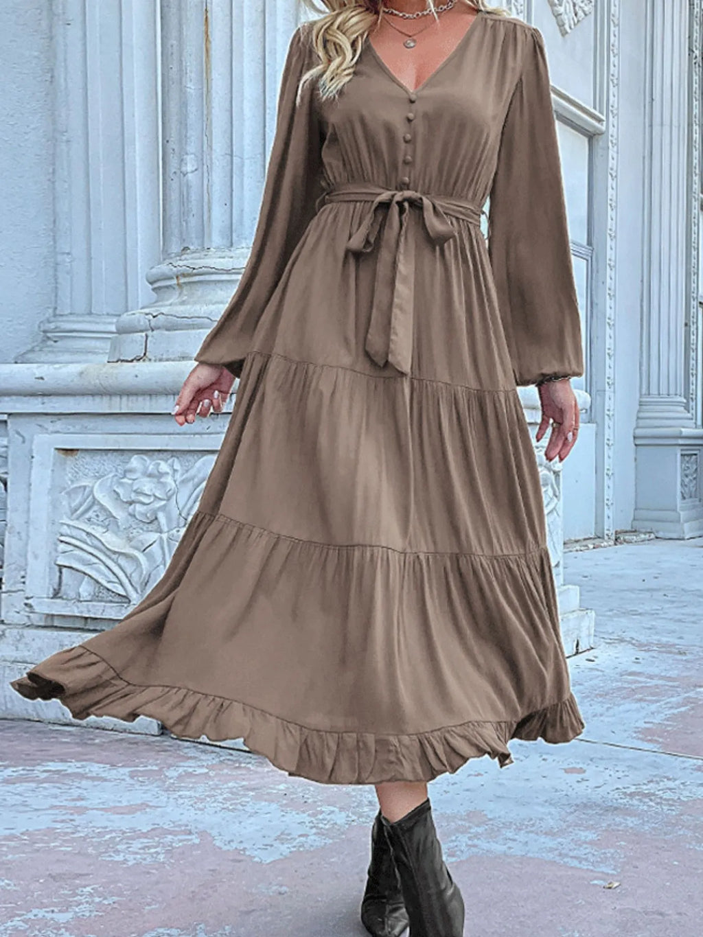 Ruffled Hem V-neck Balloon Sleeve Dress (33)
