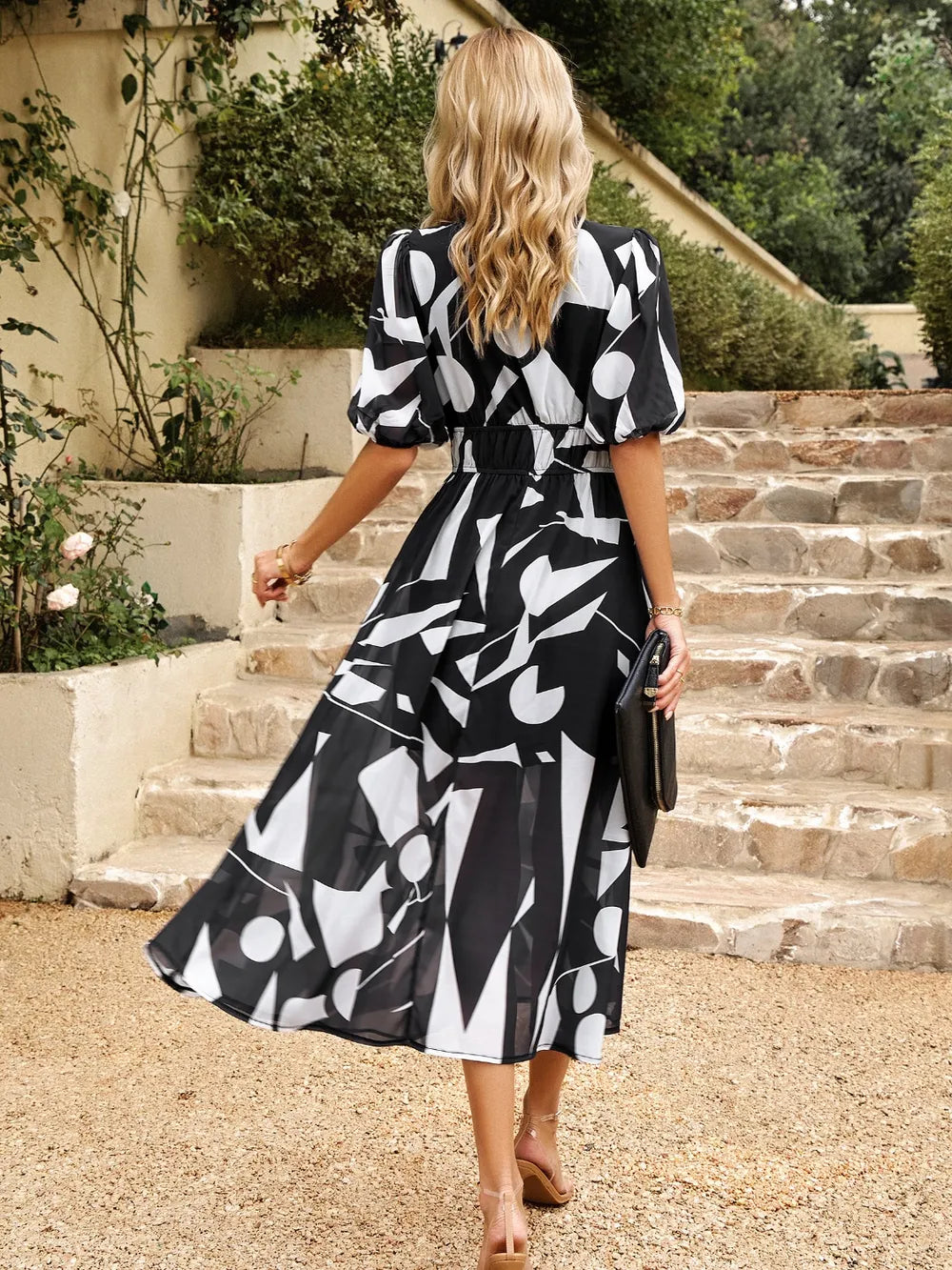 Smocked Printed V-neck Half Sleeve Midi Dress (14)