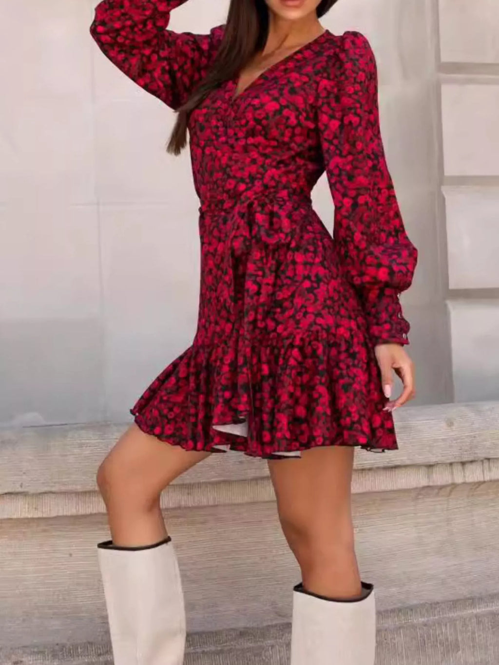 Printed Surplice Long Sleeve Wrap Mini Dress (5)