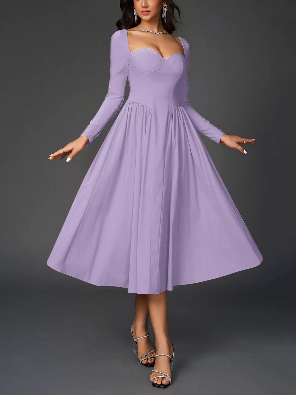 Sweetheart Neckline Long Sleeve A-line Midi Dress (21)