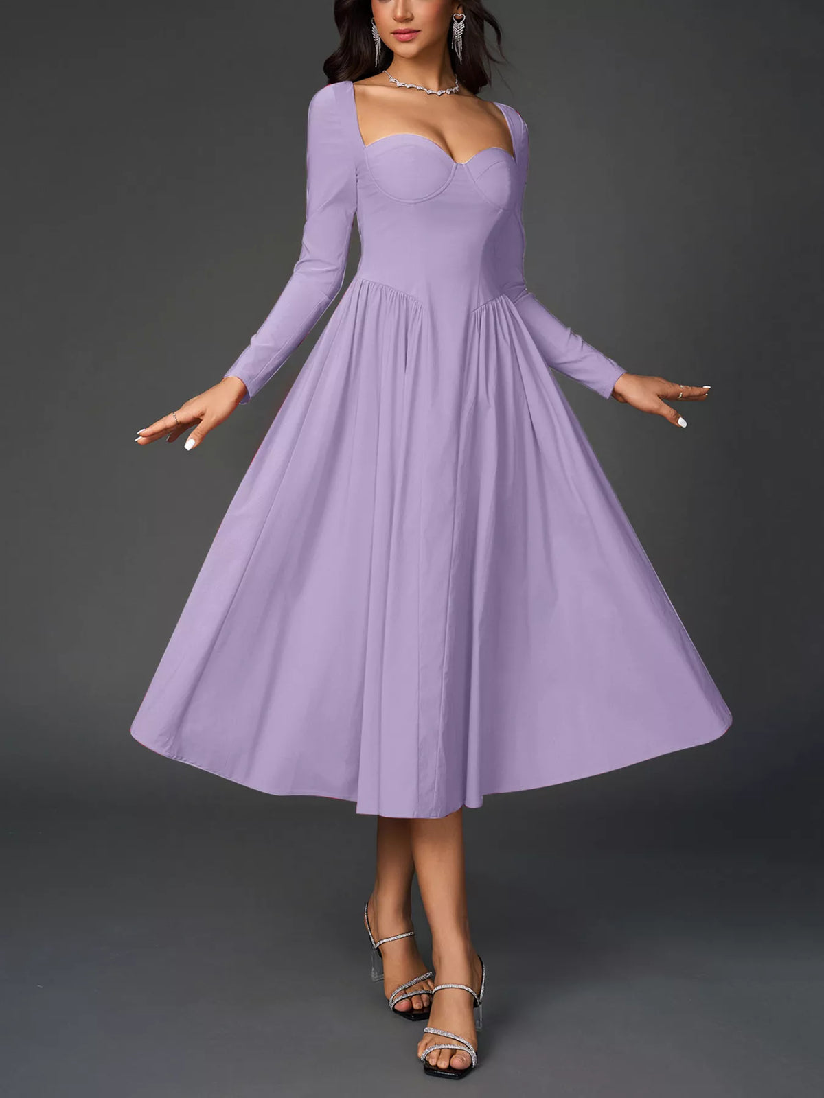 Sweetheart Neckline Long Sleeve A-line Midi Dress (21)
