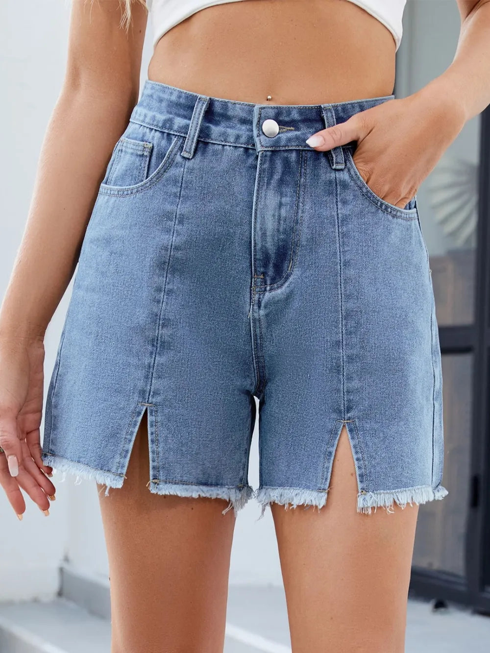 Raw Hem Slit Denim Shorts (10)