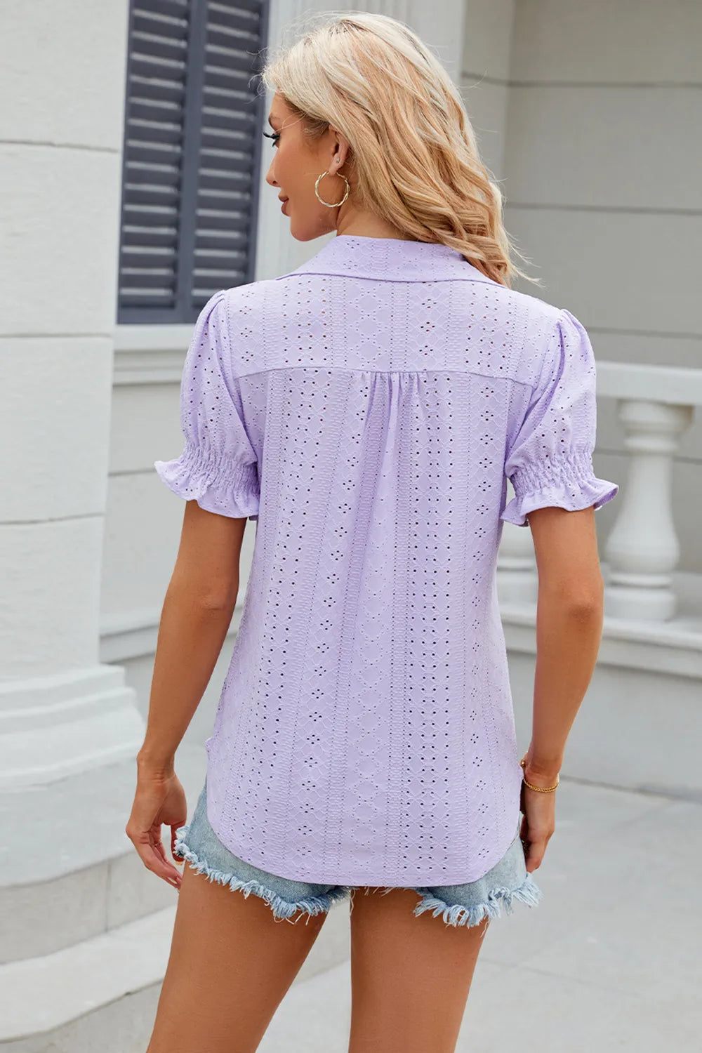 Eyelet Johnny Collar Short Sleeve Blouse (20)
